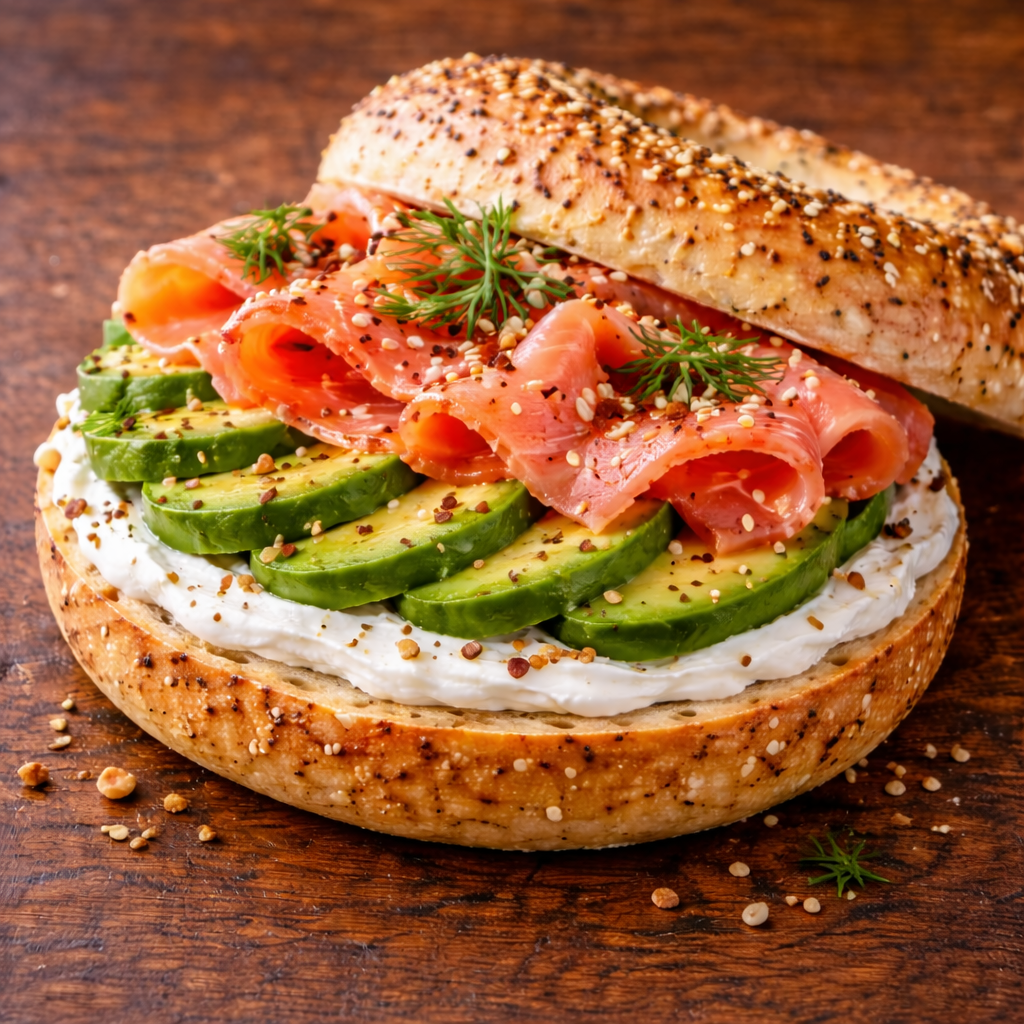 BAGEL DE QUESO CREMA, AGUACATE, SALMÓN AHUMADO Y SÉSAMO