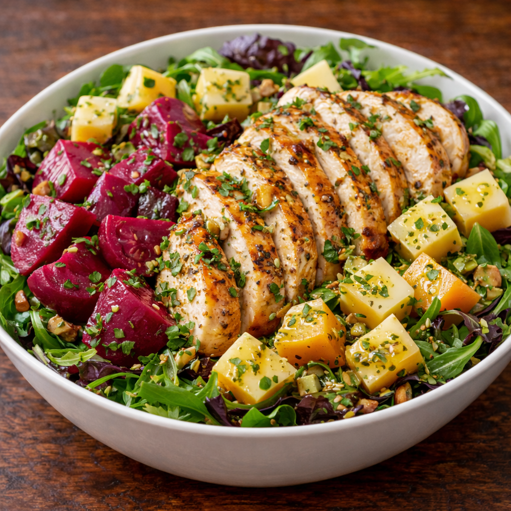 ENSALADA CON POLLO, REMOLACHA ENCURTIDA, QUESO SAN SIMÓN Y VNAGRETA A LAS FINAS HIERBAS