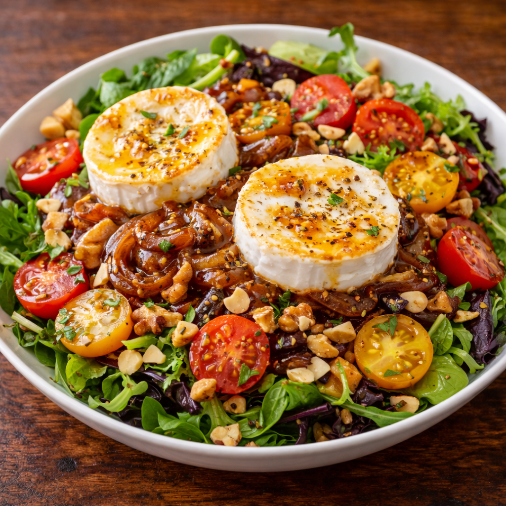 ENSALADA CON QUESO DE CABRA, FRUTOS SECOS, TOMATES CHERRYS, CEBOLLA CARAMELIZADA Y VINAGRETA DE MIEL Y MOSTAZA