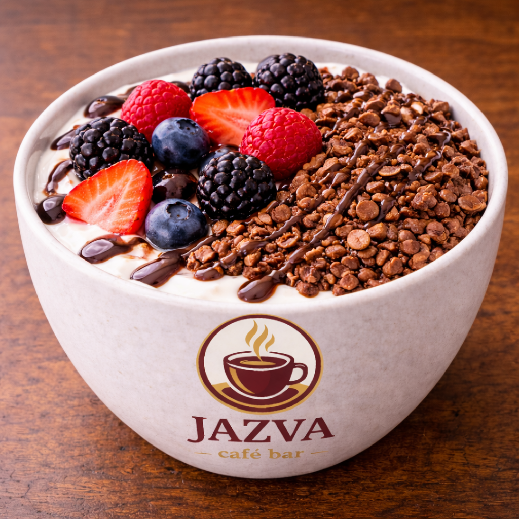 BOWL DE YOGUR CON FRUTOS ROJOS, MUESLI CRUNCHY DE CHOCOLATE Y SIROPE DE CHOCOLATE