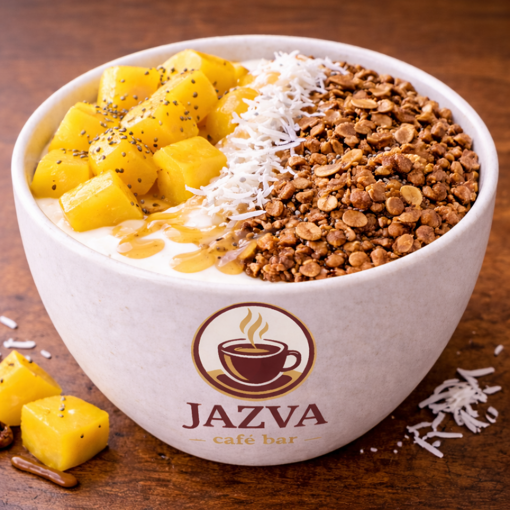 BOWL DE YOGUR CON MANGO, GRANOLA, COCO Y MIEL